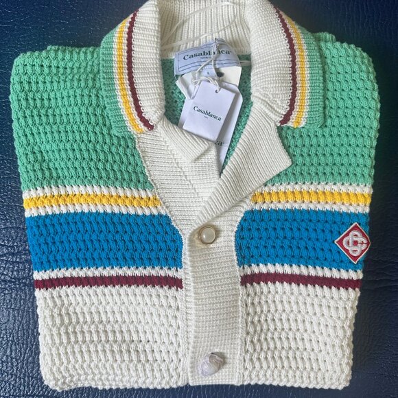 CASABLANCA Camp-Collar Logo-Appliquéd Striped Open-Knit Stretch-Cotton Shirt - Picture 7 of 10